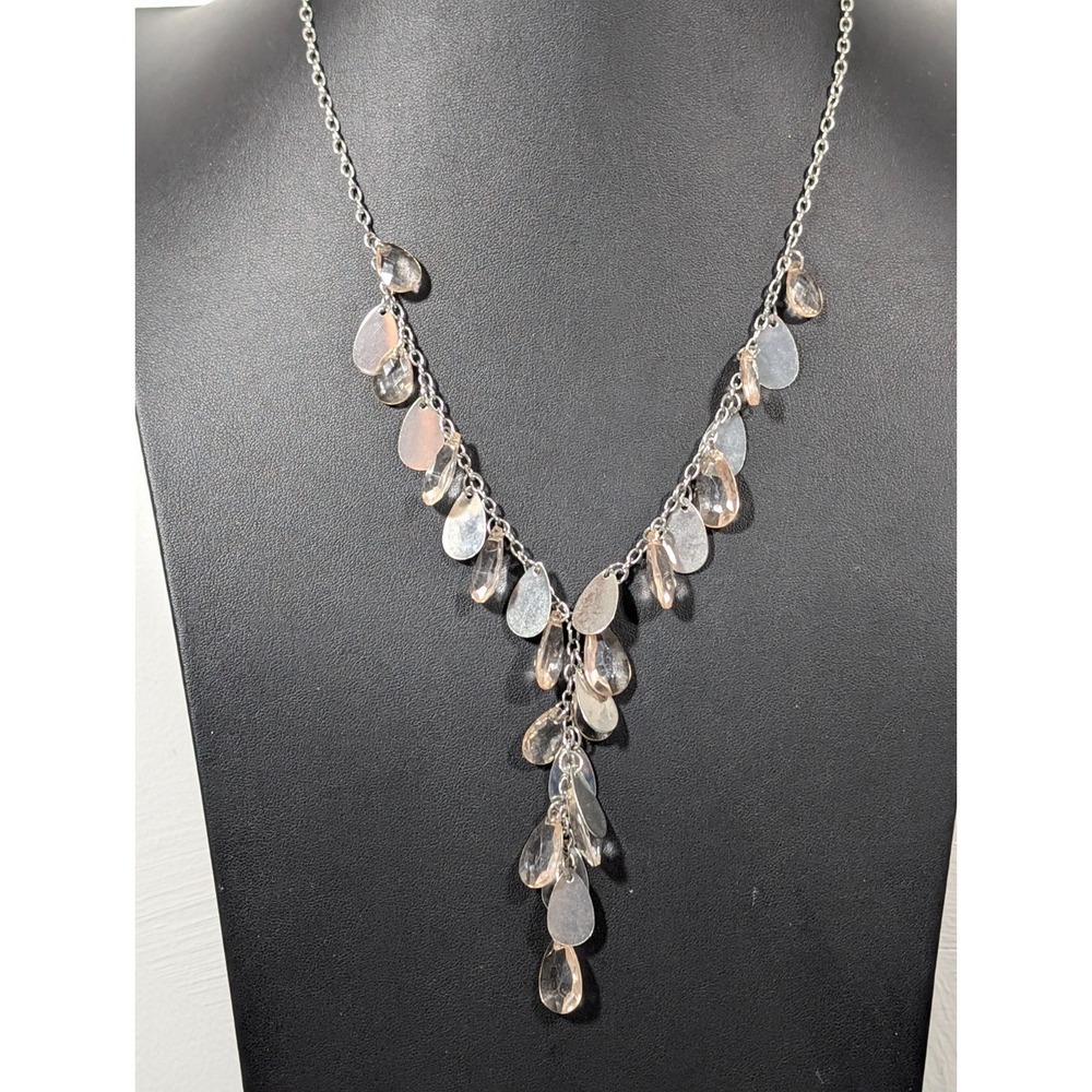 Beige Silver Tone Teardrop Charm Cluster Y-Drop Necklace Boho‎ Sparkle 20 in
